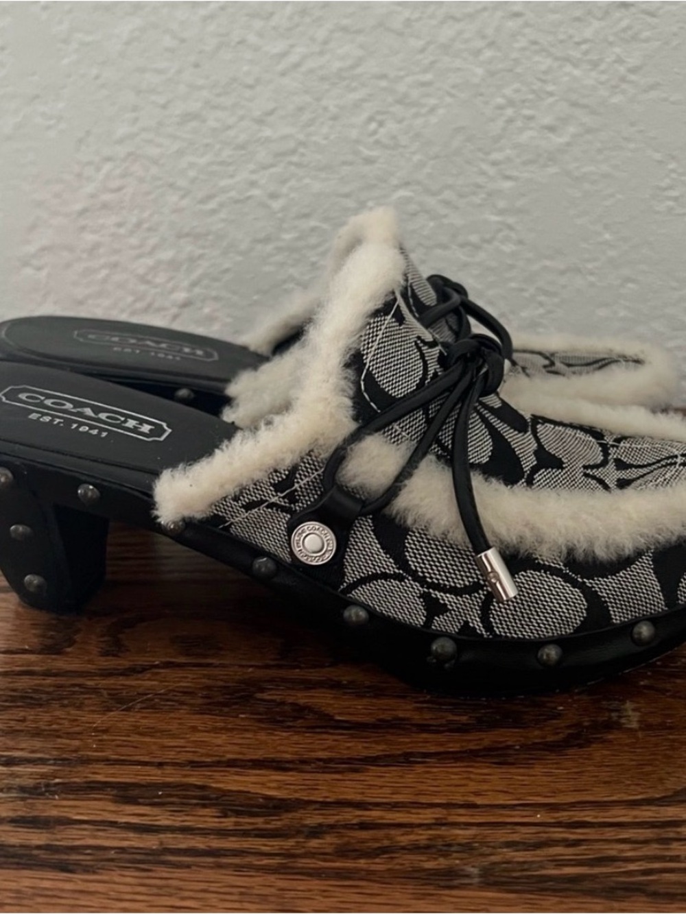Coach Monogram Printed Ruthie Fur Trimmed Clogs Size 6 - Used - Picture 2 of 4